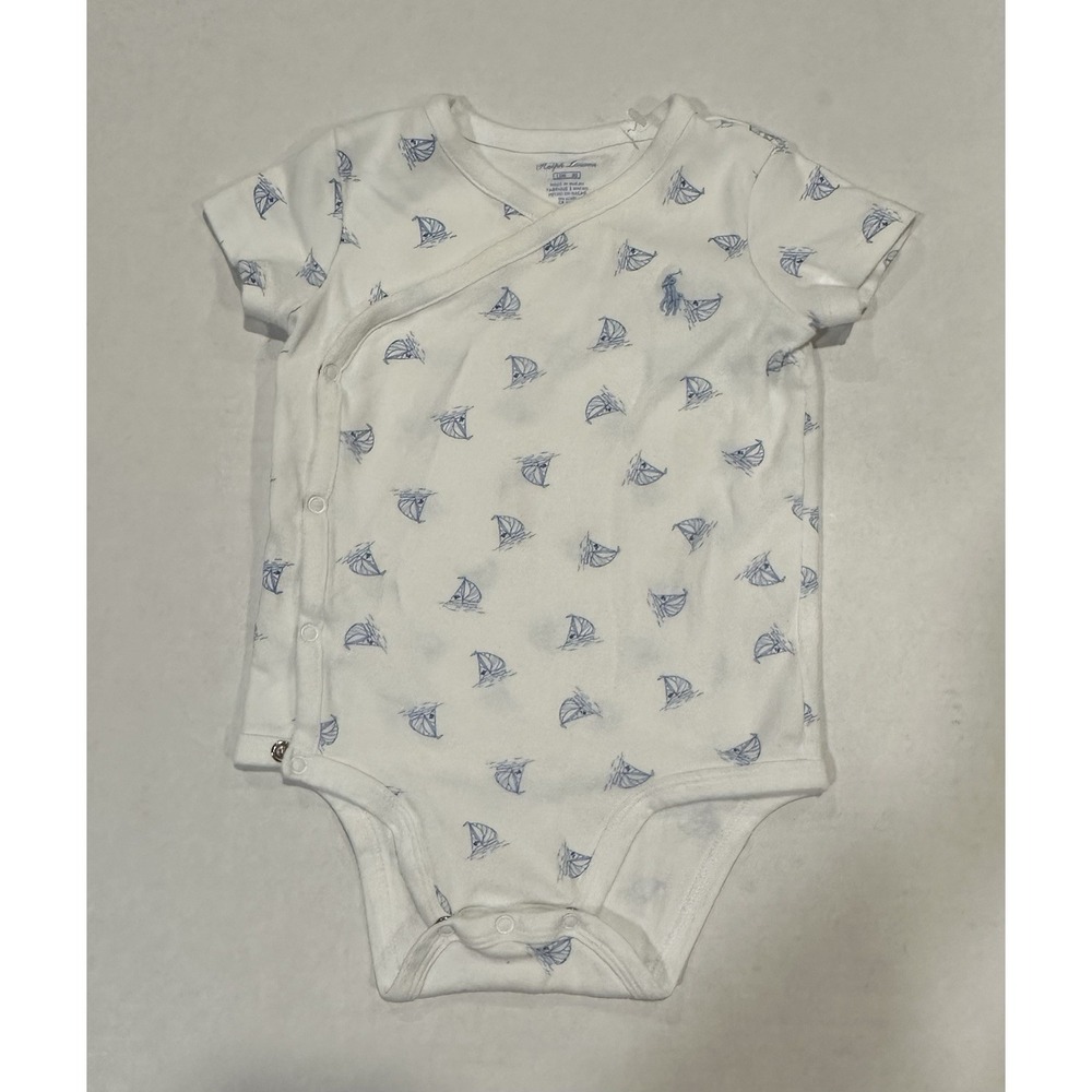 Ralph Lauren Baby Bodysuit Sailboats RL Logo Snap Closure White Size 12 Months